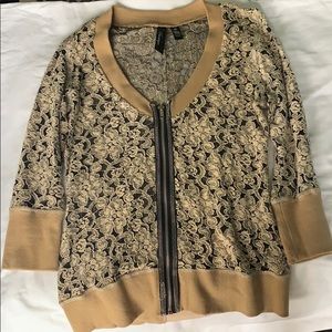 Beige and Black Zip-up Lace Shirt